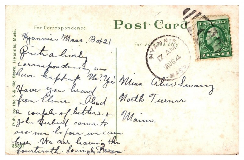 1916 Eldridge Inn, Hyannis, MA Postcard