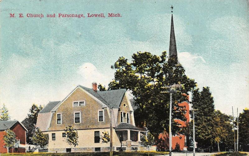 Lowell MichiganMethodist Episcopal ME Church & ParsonageBarn1910 Postcard