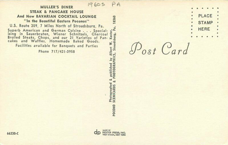 Bavarian Cocktail Lounge Mullers Diner Stroudsburg Pennsylvania Postcard 20-2349