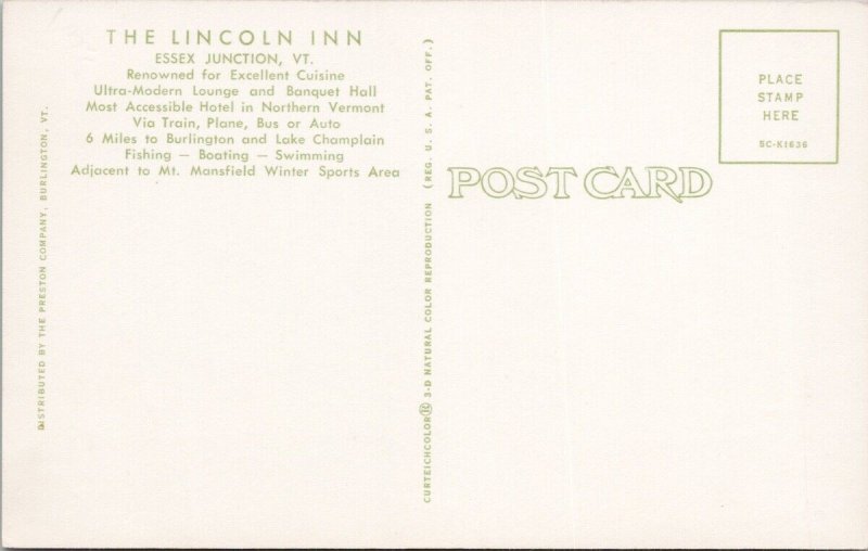 The Lincoln Inn Essex Junction Vermont VT Unused Vintage Postcard H23