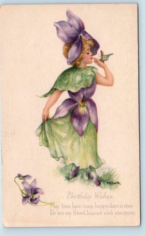 FANTASY FLOWER GIRL  W/Butterfly   c1910s Signed Artist Dulk Birthday Postcard