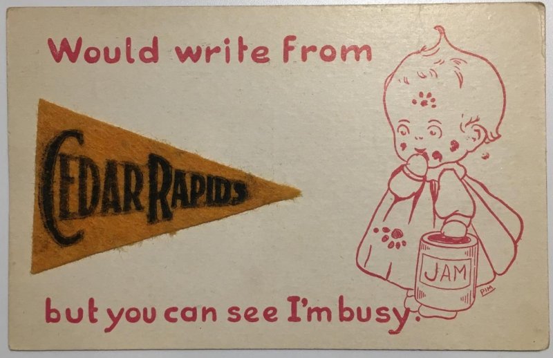 Iowa Greetings CEDAR RAPIDS Felt Pennant Comic Pim Art c1910s Vintage Postcard