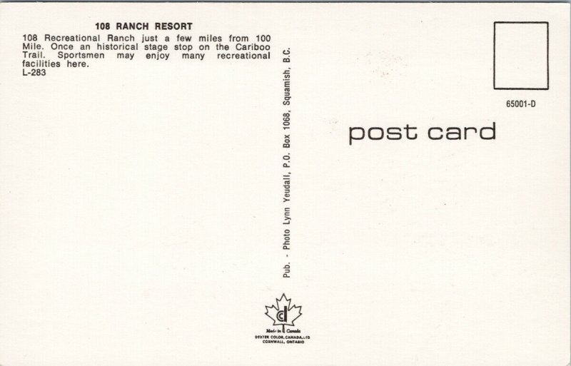 108 Ranch Resort near 100 Mile House BC Cariboo Trail Pool Unused Postcard G66