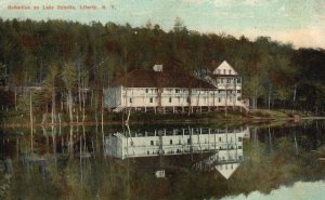 Vintage Postcard Reflection Lake Ophelia Building Forest Trees Liberty New York