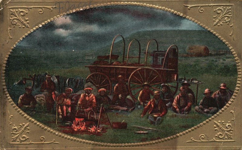 Vintage Postcard 1911 Cowboys Cooking Food at Night Green Field Art Painting