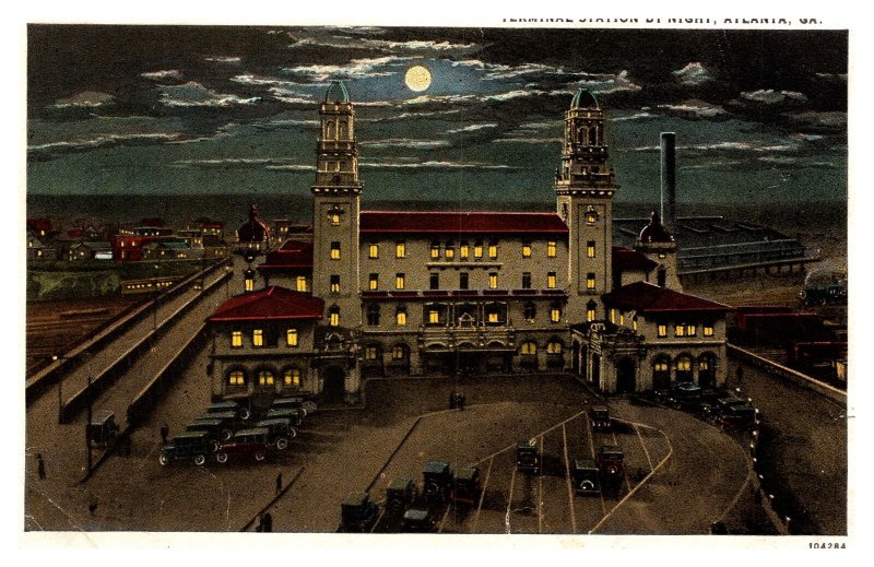 Postcard GA Atlanta - Terminal Station at Night