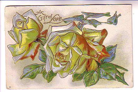 White Roses, A Gift of Love, Embossed, Used 1910. Ohio