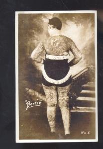 REAL PHOTO CIRCUS TATTOO LADY BERTIE TATTOOS POSTCARD ADVERTISING COPY