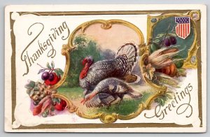 Thanksgiving Greetings Turkeys Patriotic Harvest Postcard J26