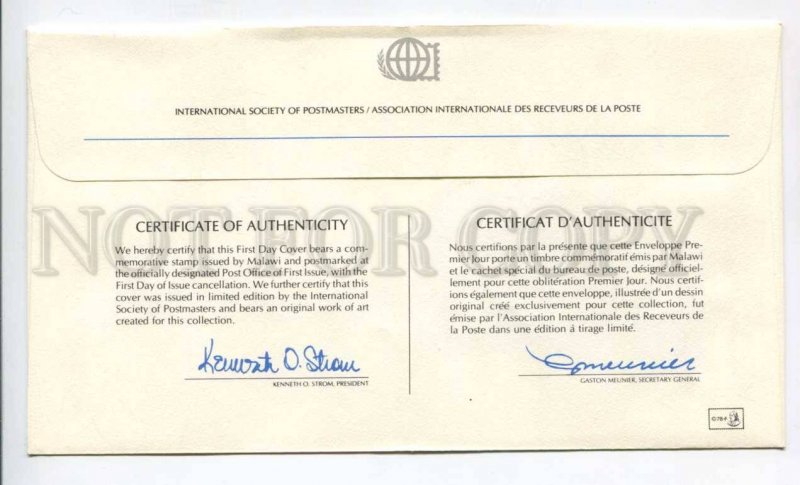 424711 MALAWI 1979 year First Day COVER certificate w/ signature