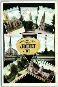 c1910s Joliet, Ill Multi View Postcard x6 Images Church Library Illinois Vtg A14