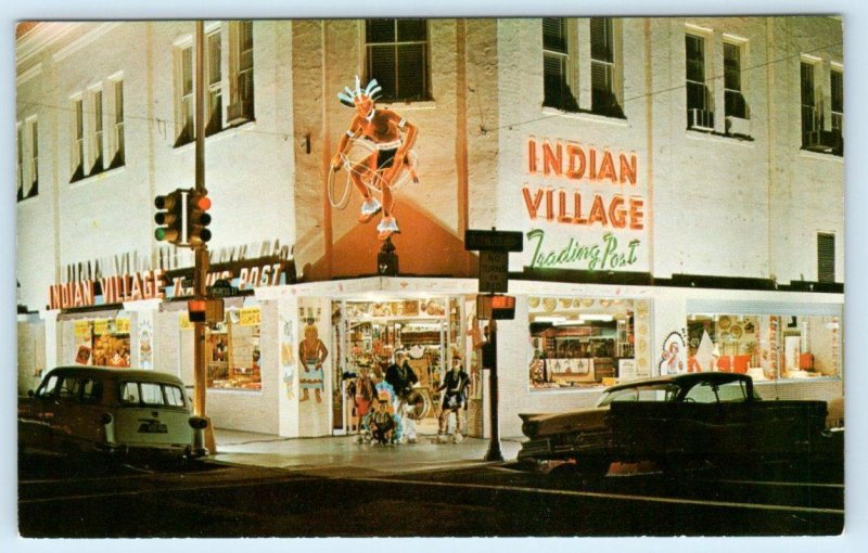 TUCSON, AZ Arizona ~ Roadside INDIAN VILLAGE TRADING POST Night Neon  Postcard 