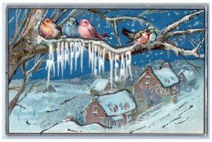 c1910's Song Birds Houses In Winter Scene Embossed Unposted Antique Postcard