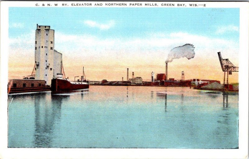 Green Bay, WI Wisconsin  C&NW RAILWAY ELEVATOR~NORTHERN PAPER MILLS  Postcard