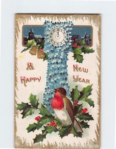 Postcard A Happy New Year with Floral Clock Bird Hollies Embossed Art Print 