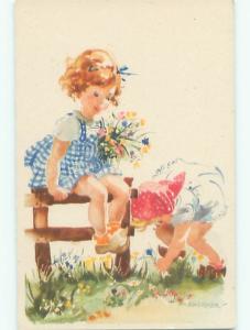 Unused Pre-Chrome foreign signed DUTCH GIRL ON FENCE HOLDS FLOWER BOUQUET k6196