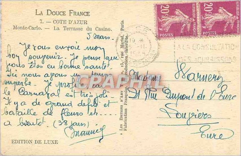 Old Postcard La Douce France French Riviera Monte Carlo La Terrasse du Casino