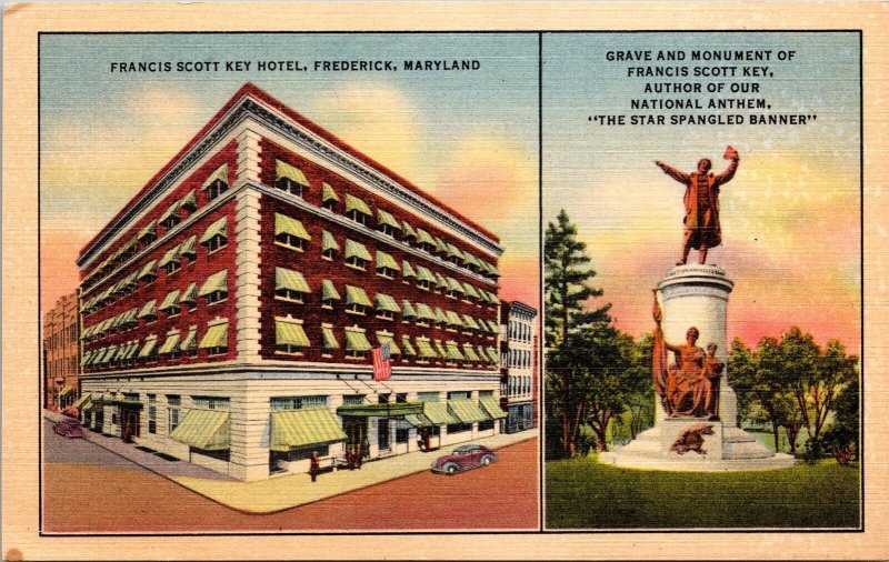 Historic Francis Scott Key Hotel & Monument Frederick Maryland Linen Postcard 