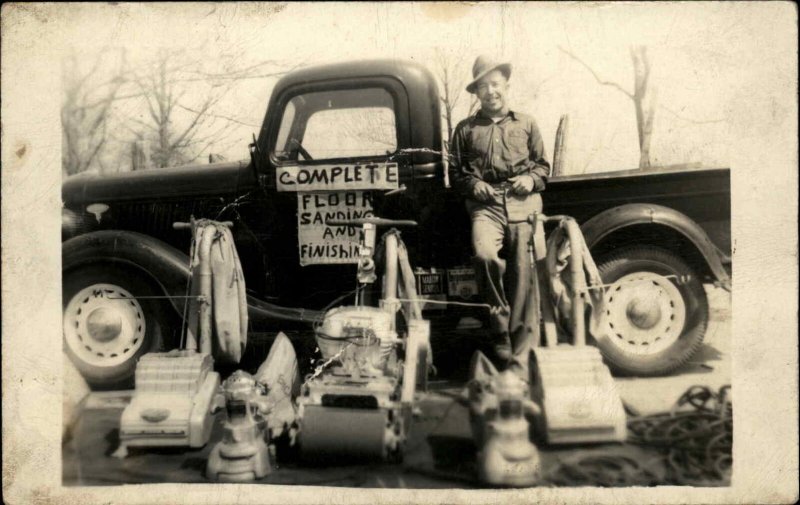 Man w/ Truck Floor Sanding Business Machinery Real Photo Postcard