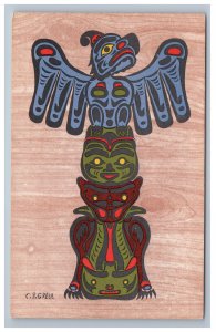 Totem Pole British Columbia Canada Indian Motif Postcard Artist signed CB Greul