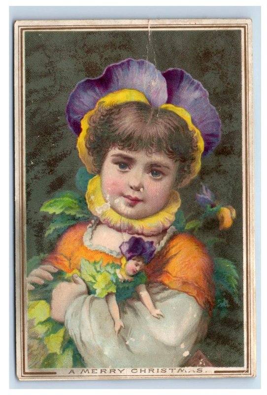 1880s Christmas Card Pansy Flower-Head Child & Doll Poem On Back F145