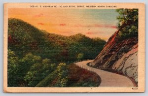 North Carolina~US Hwy 70 Road Scene~Royal Gorge~Mts~Sunset~Linen 1938 Postcard