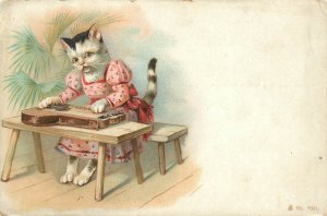 Postcard Anthropomorphic Dressed Lady Cat Plays Zither Auto Harp 7001