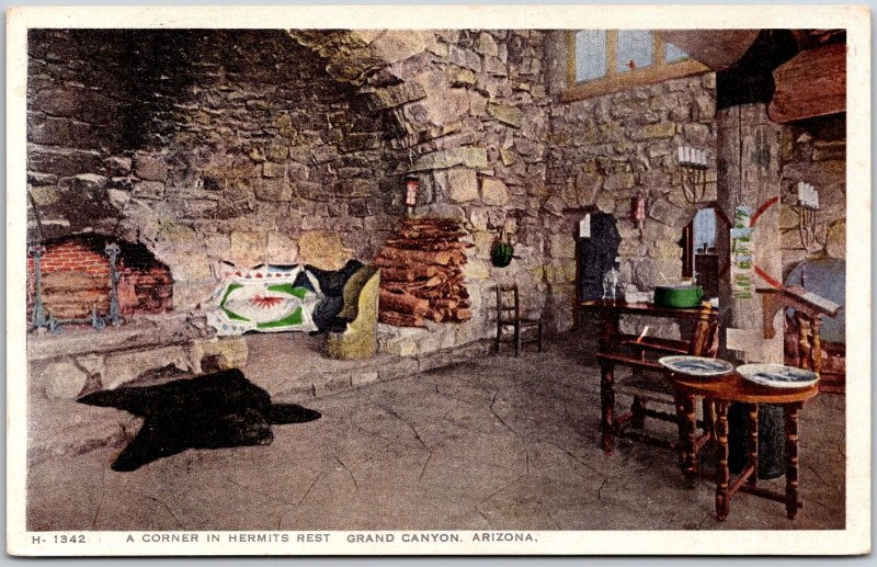 Grand Canyon Arizona AZ, A Corner in Hermits Rest, Fireplace, Vintage Postcard