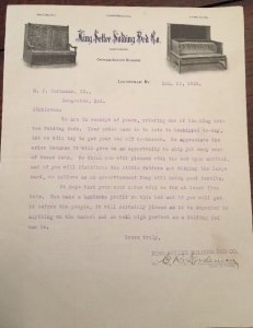 1906 KING SETTE FOLDING BED CO.  Louisville, KY Letterhead