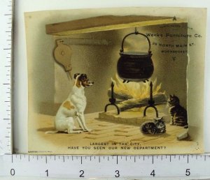 1870's-80's Weeks Furniture Co Fireplace Kettle Cat Kittens & Cute Dog &X