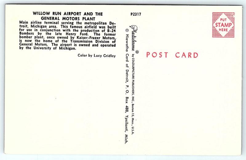 Postcard MI Detroit Willow Run Airport and The General Motors Plant E03