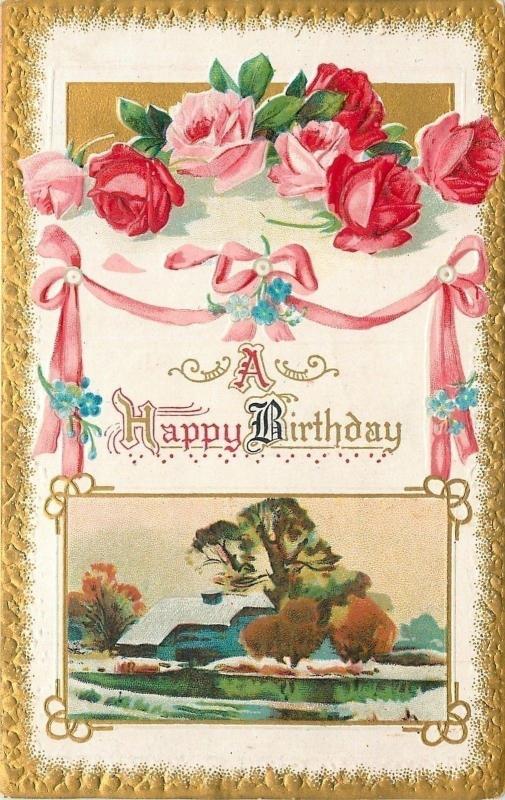 Pink Red Roses~Pink Ribbon Garland Over Watercolor Farm Scene~Gold Ruffle Emboss
