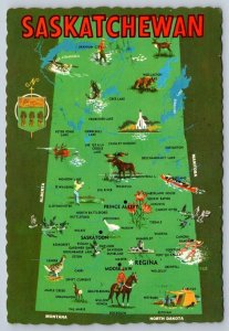 Saskatchewan Map Showing Points of Interest, Chrome Postcard #1