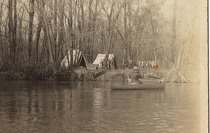 1904-18 RPPC Camping Trip on River Lake Tents Woman in Canoe Real Photo Postcard