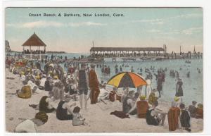 Bathing Beach Crowd Ocean Beach New London Connecticut 1910c postcard