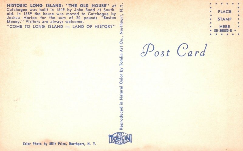 Postcard Historic Long Island The Old House At Cutchogue Long Island New York NY