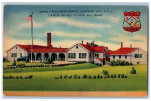 Claremor Oklahoma OK Postcard United State Indian Hospital Exterior c1940's Flag