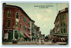 1914 Corner Of Main & Lisbon Streets Lewiston Maine ME Antique Postcard
