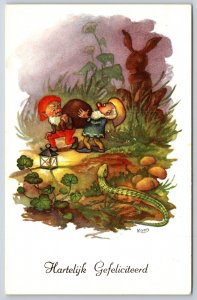 Dutch Artist Koen Fantasy~Gnomes Carry Bag By Lantern-Light~Bunny~Green Snake