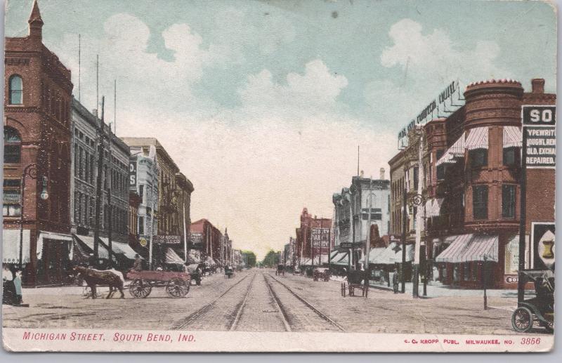 South Bend, Ind., Michigan Street with Horse drown wagons & Trolley tracks-