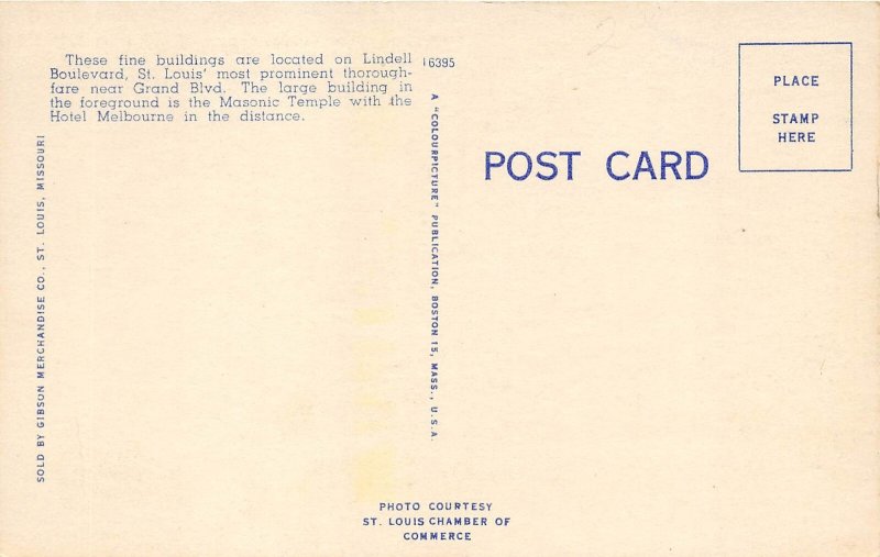 St. Louis Missouri 1940s Postcard Masonic Temple