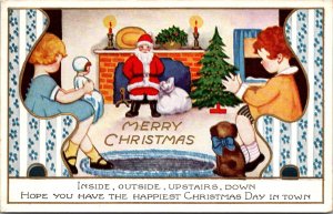 Santa, Children Merry Christmas Inside Outside Upstairs Down c1930 Postcard O60