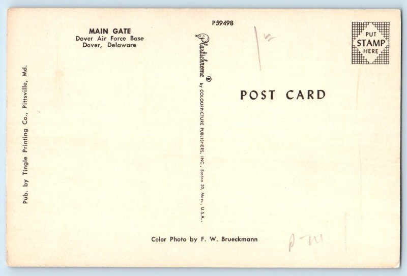 1960 Dover Delaware DE Vintage Postcard Greetings Main Gate Dover Air Force Base
