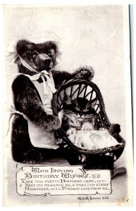 1910s Birthday Wishes Teddy Bear Rocking Cat in Cradle Anthropomorphic Postcard
