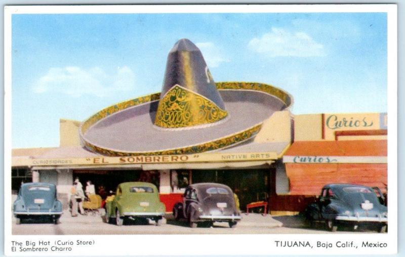 TIJUANA, BAJA CALIFORNIA  Mexico  EL SOMBRERO CURIO STORE Big Hat 1940s Postcard