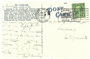 SS Lurline Ship Luxury at Sea Postcard Sent 1933 From San Pedro Ca-