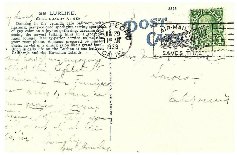 SS Lurline Ship Luxury at Sea Postcard Sent 1933 From San Pedro Ca-