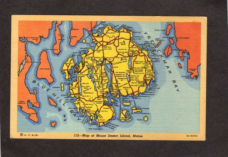 ME Map of Mt Mount Desert Island Bar Harbor Acadia Park Linen Postcard