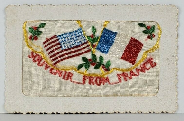 WW1 Silk Embroidered Patriotic Allies America & France Envelope Postcard Q5
