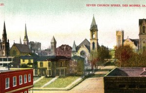 C. 1910 Seven Church Spires Downtown Des Moines Iowa Vintage Postcard P218